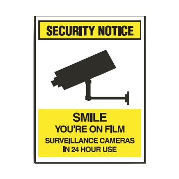 Security/Surveillance Window Labels  - Smile You're On Film Surveillance Cameras In 24 Hour Use
