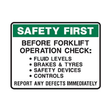 Forklift Safety Signs - Before Forklift Operation Check; Etc