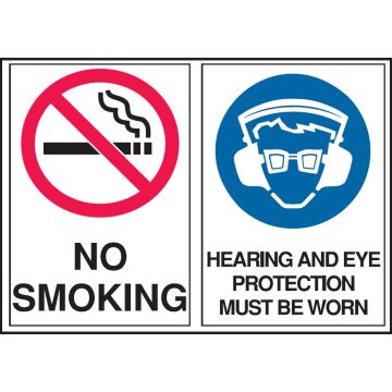 Multiple Warning Signs  - No Smoking/Eye Protection Must Be Worn