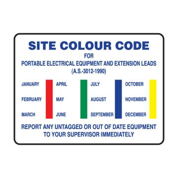 Building Site Sign - Site Colour Code, Portable Electrical Equipment & Leads, 300mm (W) x 225mm (H), Polypropylene