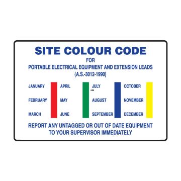 Building Site Sign - Site Colour Code, Portable Electrical Equipment & Leads, 600mm (W) x 450mm (H), Polypropylene