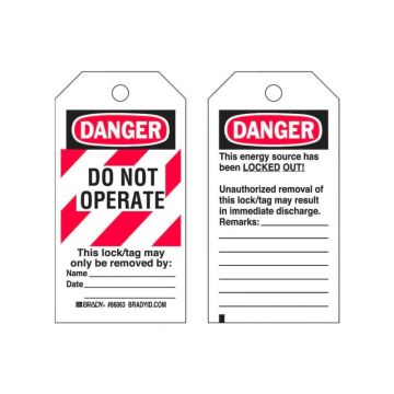 Lockout Tags - Danger Unauthorised Removal, Reverse Side, 76mm (W) x 144mm (H), Economy Polyester, Red-White Stripe, Pack of 25