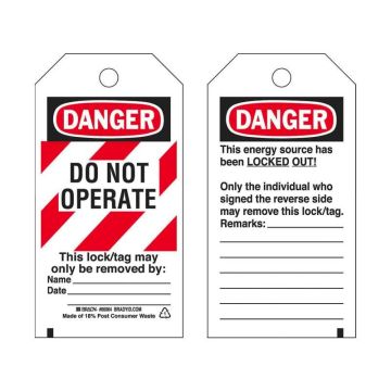 Lockout Tags - Danger Do Not Operate. Reverse Side, 76mm (W) x 140mm (H), Cardstock, Red-White Stripe, Pack of 25