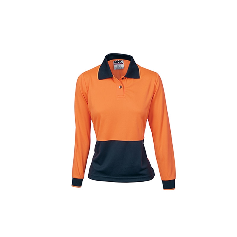 DNC Workwear Womens Hi-Vis Polo Shirt – Long Sleeve Orange/Navy 8